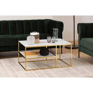 Alisma sofabord med asymmetrisk hylde - glasplade med marmormønster | gyldent kromstel